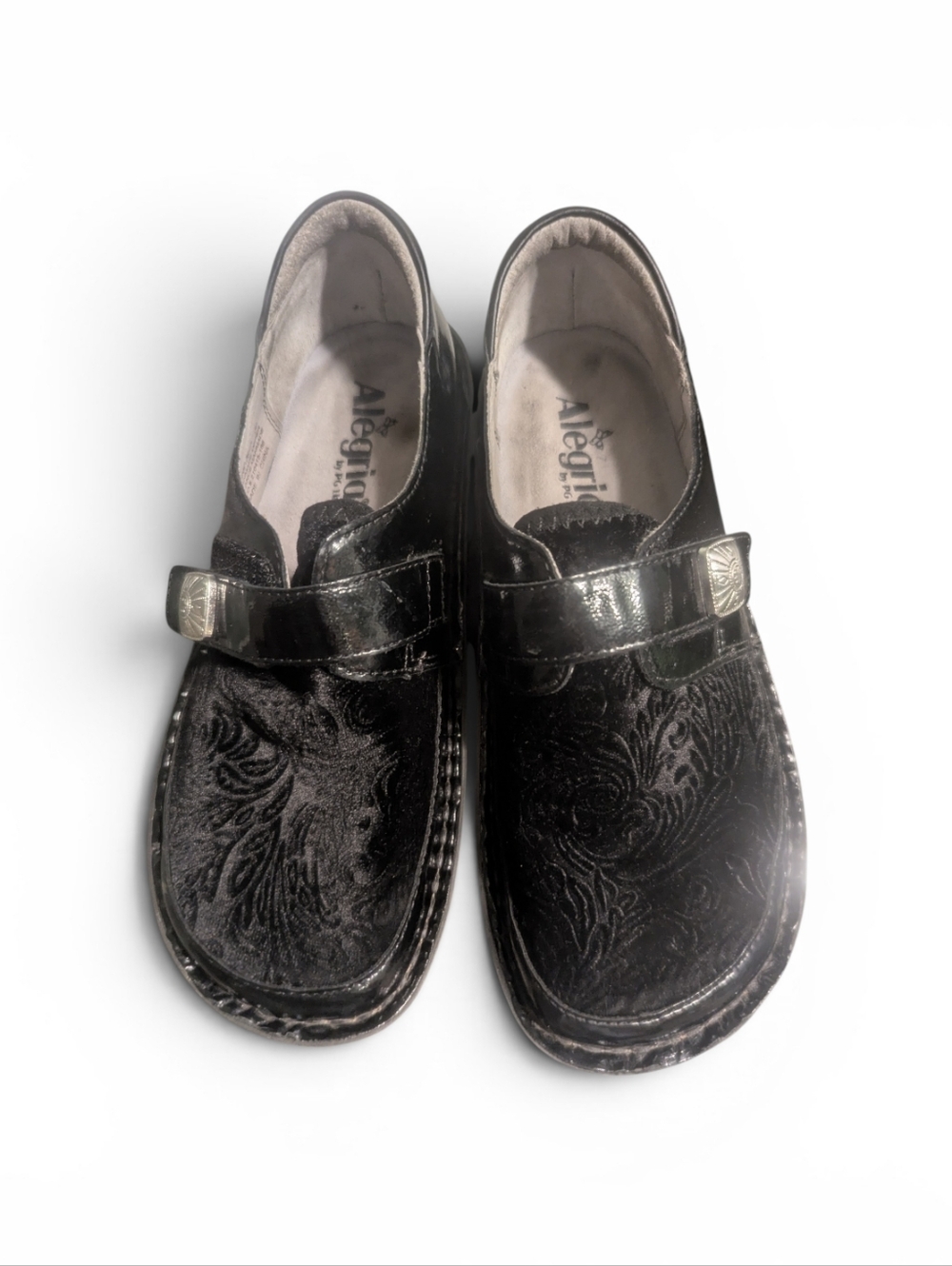 Alegria Woman Black Mary Jane Slip-On Shoes with Embossed Pattern
